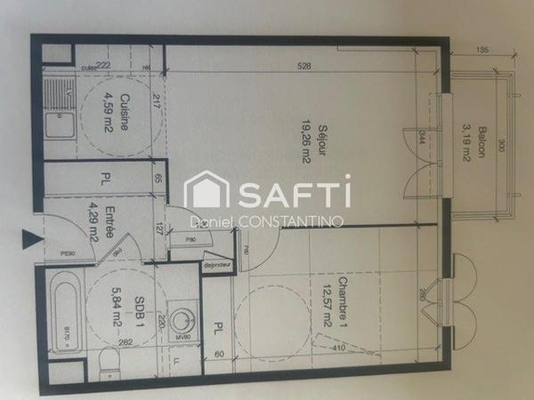 Appartement F2, 47m² avec Balcon et Parking S.Sol