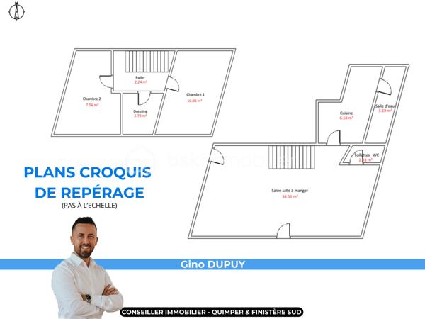 CENTRE-BOURG – MAISON DE VILLE EN PIERRE D’ENVIRON 70 M² – TRAVAUX À PRÉVOIR – DEUX CHAMBRES – INSERT À BOIS – PETIT JARDIN PRIVATIF – PLAGE DE KERSAUX À 5 MINUTES – DPE E.

**** Maison en pierre à rénover – commerces à pied – 2 Chambres – proximité du littoral. ****

Gino DUPUY vous propose cette maison de ville en pierre, située en centre-bourg, sur un axe passant, à proximité immédiate des commerces et des services.

La plage de Kersaux est accessible en environ 5 minutes en voiture ou 12 minutes à vélo.

D’une surface habitable d’environ 70 m², la maison se compose de la manière suivante :

Au rez-de-chaussée :

– Une pièce de vie avec insert à bois.
– Un espace cuisine.
– Une salle d’eau.
– Un WC indépendant.

À l’étage :

– Deux chambres.
– Un espace dressing entre les deux.

Concernant l’extérieur :

– Un petit jardin privatif situé à l’arrière de la maison.
– Un accès par l'extérieur
– Possibilité d'agrandissement de la fenêtre de la cuisine pour accès au jardinet

Travaux identifiés :

– Rénovation du solin de toiture au dessus de la partie cuisine.
– Remplacement possible des deux portes d’entrées et de quatre fenêtres actuellement en simple vitrage, afin d’améliorer l’isolation thermique et acoustique.
– Travaux de rénovation et de modernisation intérieure.

Informations complémentaires :

– Maison construite vers 1945.
– Structure en pierre.
– DPE : classe E.
– Propositions d’aménagement visibles dans les photos.
– Dossier technique disponible sur demande.

*** PLANS CROQUIS EN FIN D'ANNONCE ***

Une maison destinée aux acquéreurs recherchant un bien ancien à rénover, avec un potentiel d’optimisation et un emplacement proche des commerces comme du littoral.

- - - Visite uniquement sur rendez-vous - - -

Contact Exclusif BSK : Gino DUPUY

VENTE IMMOBILIÈRE – FINISTÈRE SUD
Échangeons sur votre projet, sans engagement, afin de définir la stratégie de vente la plus adaptée.

APPORTEURS D’AFFAIRES
Vous connaissez une personne ayant un projet immobilier ?
Un simple message suffit pour initier le contact, je m’occupe du reste. Rémunération attractive.

COLLABORATION INTERCABINET
Collaboration possible avec les professionnels disposant d’un acquéreur qualifié.

Honoraires à la charge du vendeur.
Le prix affiché correspond au prix de vente, hors frais de notaire.