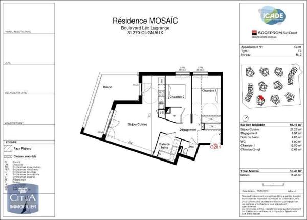 Appartement à louer 3 pièces 66.16m² Cugnaux (31270)