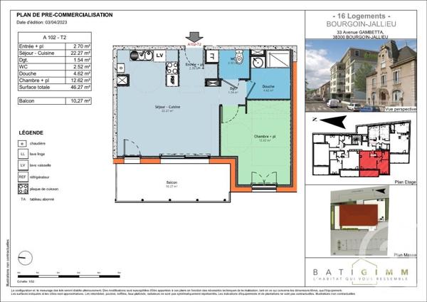 Appartement T2 à vendre  2 pièces - 46,27 m2 BOURGOIN JALLIEU - 38