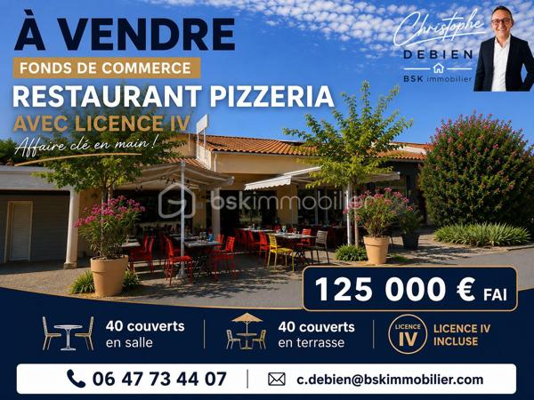 Christophe Debien – BSK Immobilier vous propose à la vente le fonds de commerce d'un restaurant-pizzeria idéalement situé au sud du secteur de Montaigu, au cœur d'une commune dynamique d'environ 3 700 habitants.

Bénéficiant d'un emplacement stratégique et d'une zone de chalandise d'environ 25 000 habitants à moins de 10 minutes, cet établissement profite d'une clientèle fidèle, locale et touristique, garantissant une activité régulière.

L'établissement réalise un chiffre d'affaires stable supérieur à 300 000 €, avec une répartition d'activité d'environ 70 % de restauration sur place et 30 % de vente à emporter, offrant une exploitation équilibrée ainsi qu'un réel potentiel de développement.

D'une surface exploitable d'environ 128 m², il dispose d'une capacité d'accueil d'environ 80 couverts, répartis comme suit :
•	40 couverts en salle,
•	40 couverts en terrasse.

La cuisine est fonctionnelle, parfaitement entretenue et vendue avec un matériel complet appartenant à l'exploitant (aucun matériel en location), comprenant notamment :
•	Tireuse à bière professionnelle de moins d'un an,
•	Machine à café professionnelle de 4 ans,
•	Six réfrigérateurs professionnels de 4 ans,
•	Congélateur professionnel de 4 ans,
•	Four à pizza électrique double chambre (2 × 6 pizzas) de 4 ans,
•	Frigo-bar avec groupe moteur remplacé en 2023,
•	Plaques de cuisson gaz,
•	Lave-vaisselle professionnel,
•	Trancheuse,
•	Salamandre,
•	Plancha,
•	Cuiseur à pâtes,
•	Bain-marie.

L'ensemble du matériel est en excellent état de fonctionnement et permet une reprise immédiate de l'activité sans investissement complémentaire.
La Licence IV est comprise dans la vente.

Le fonds de commerce est exploité dans le cadre d'un bail commercial en cours jusqu'en mars 2028, avec un loyer mensuel de 1 200 €, offrant une excellente visibilité au futur exploitant.

Un fort potentiel de développement

Cette affaire présente encore de nombreuses perspectives d'évolution, notamment grâce :
•	à l'exploitation de l'étage,
•	au développement de la vente à emporter,
•	à la mise en place d'un service de livraison,
•	à l'optimisation de l'activité.

Plusieurs possibilités d'acquisition selon votre projet

Afin de répondre aux différents profils d'acquéreurs, plusieurs solutions sont proposées :
• Acquisition du fonds de commerce uniquement : 125 000 € FAI

Vous poursuivez immédiatement l'exploitation dans le cadre du bail commercial existant jusqu'en mars 2028.

• Acquisition des murs commerciaux uniquement : 162 000 € FAI

Une opportunité idéale pour un investisseur recherchant un actif commercial offrant une valeur locative estimée à 1 200 € par mois, avec un locataire déjà en place.

• Acquisition de l'ensemble (fonds de commerce + murs commerciaux) : 280 000 € FAI

La solution idéale pour devenir propriétaire de votre outil de travail tout en constituant un patrimoine immobilier. Vous supprimez le coût du loyer commercial, sécurisez durablement votre activité et bénéficiez d'un actif immobilier pérenne.

Prix de vente du fonds de commerce : 125 000 € Frais d'Agence Inclus

Honoraires : 10 000 € TTC Inclus soit 8 % du prix FAI soit 8 333 € HT

Cette opportunité conviendra parfaitement à un professionnel de la restauration, à un couple souhaitant reprendre une affaire reconnue ou à un investisseur recherchant un projet rentable avec plusieurs possibilités d'acquisition.

Pour tout renseignement complémentaire ou organiser une visite :
Christophe Debien
BSK Immobilier

Dossier complet, bilans comptables et visites disponibles sur demande.
