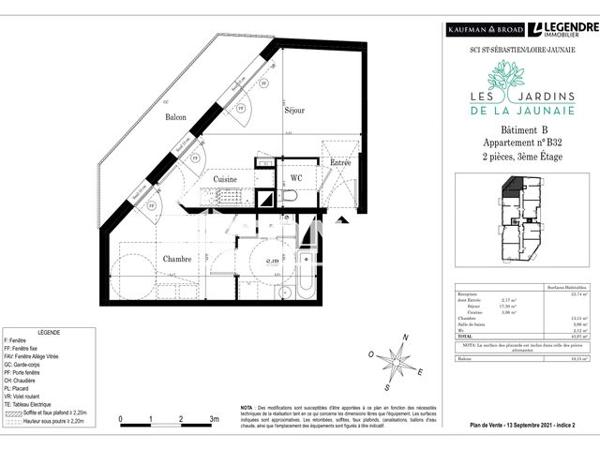 Location Appartement 2 pièces 43.97 m² - LES JARDINS DE LA JAUNAIE Saint Sebastien S/ Loire 44230