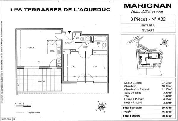 – Appartement T3 de 60,90 m² + Loggia 16,20 m²