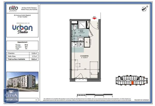 Appartement à louer 1 pièce 19.62m²