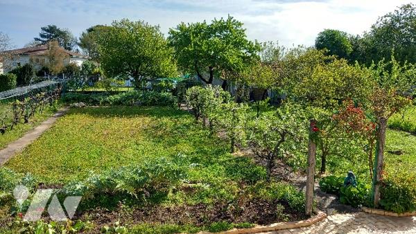 Maison de ville a étage avec un grand jardin arboré.