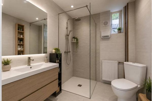 T2 bis 45,67 m² traversant / Garage box / Rez-de-jardin