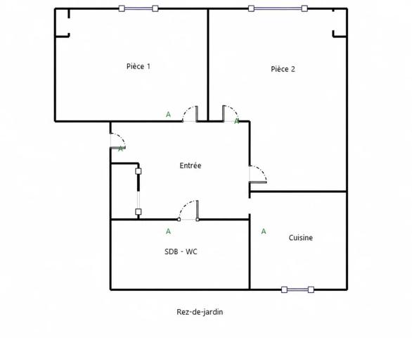 T2 bis 45,67 m² traversant / Garage box / Rez-de-jardin