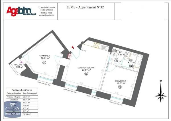 Appartement à louer 3 pièces 58.68m² Nantes (44300)