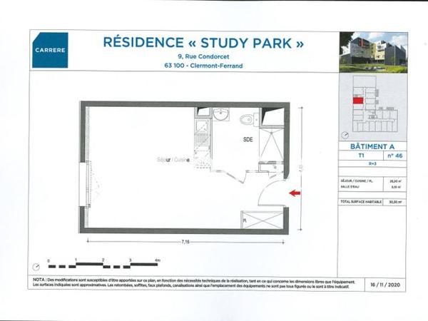 Location Studio 30.3 m² - 9-11 RUE CONDORCET RESIDENCE STUDY PARK APPART A46 Clermont-ferrand 63000