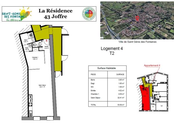 Appartement T2 à louer - 53,59 m² - Location à l’année – St Génis des Fontaines (Village)