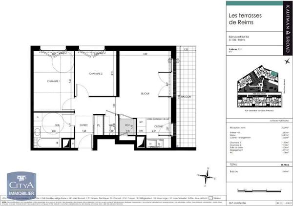Appartement à louer 3 pièces 58.74m² Reims (51100)