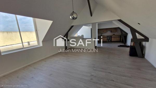 maison mitoyenne de 100 m2 , 2 chambres dont une suite parentale avec sa douche, cuisine ouverte sur le salon et accès a une terrasse