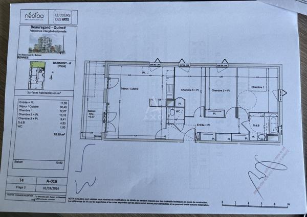 Appartement  T4-80 m2 avec 3 chambres, salon exposé S/O,dans immueble 2018 avec ascenseur,  garage- quartier BEAUREGARD à Rennes