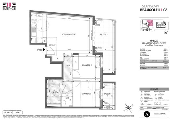 Appartement F3 à vendre  3 pièces - 64,45 m2 BEAUSOLEIL - 06