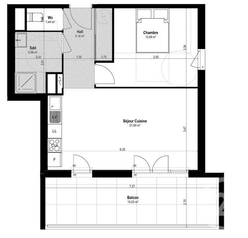 Appartement F3 à vendre  2 pièces - 40 m2 ST LAURENT DU VAR - 06