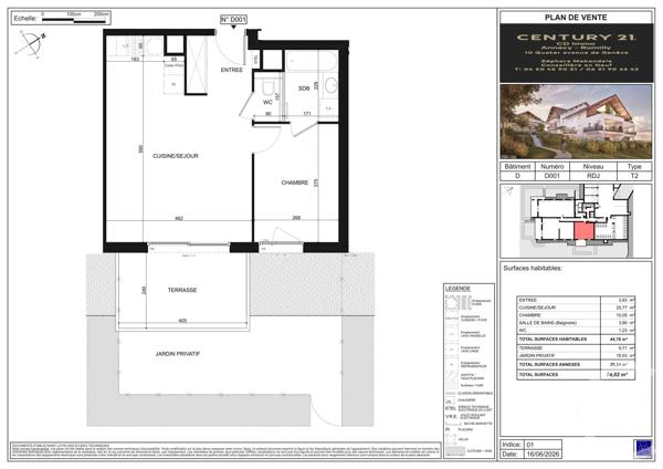 Appartement T2 à vendre  2 pièces - 44,78 m 2   POISY  - 74