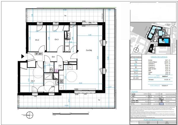 Appartement de type 4 au dernier étage de 94.60m² avec grande terrasse situé Quartier ZOLA à NANTES