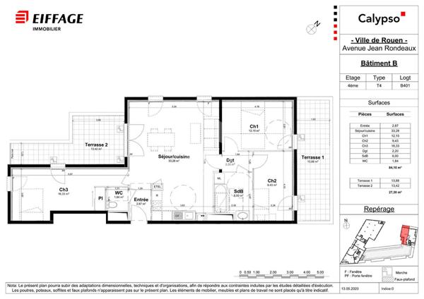 Grand appartement F4 avec 2 balcons et 2 places de parkings