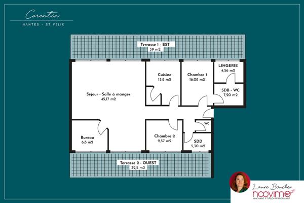 Saint-Félix vue Erdre, 5 pièces 121 m2 dernier étage avec 2 terrasses