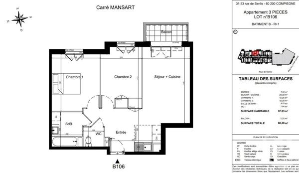 Appartement F3 à vendre  3 pièces - 57,03 m2 COMPIEGNE - 60