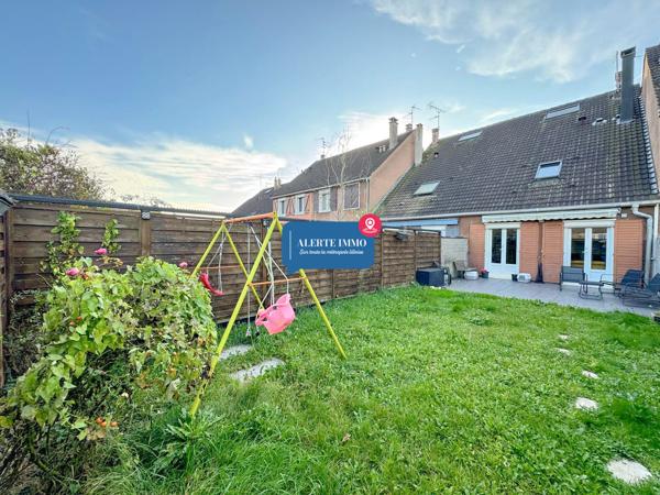 Roubaix Est Nouveau Roubaix, maison bel étage de 120 m2 hab et 190 m2 de surface totale, actuellement louée, 4 ch, garage, grand sous-sol, terrasse jardin + jardin collectif de 2000 m2