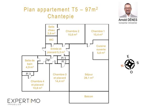 Appartement T5 à vendre à Chantepie – 4 chambres, terrasse, garage fermé, parking et cave