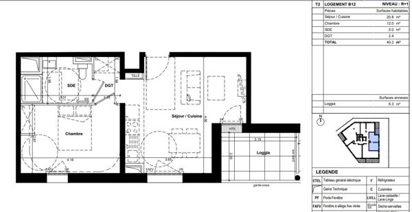 A vendre T2 de 40m² avec loggia- Quartier des Hauts-de-Saint- Aubin