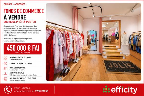Fonds De Commerce
        
        - 60 m² Exclusivité 450 000 € *