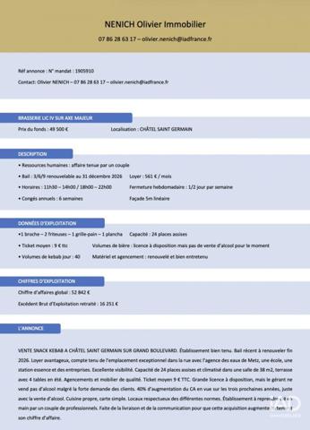 Restauration rapide à vendre 52 m² Châtel-Saint-Germain