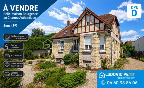 Vous rêvez d’une maison qui allie le charme d’antan à la modernité ? Cette magnifique maison sénonaise est faite pour vous ! Avec ses parquets en chêne et ses poutres apparentes, elle respire l’authenticité tout en offrant des équipements contemporains.

Détails de la propriété :
Rez-de-chaussée : Vous serez accueilli par une entrée spacieuse. La salle à manger, baignée de lumière, ouvre sur une grande terrasse où vous pourrez admirer la vue sur un jardin clos et arboré. La cuisine, entièrement aménagée et équipée, est idéale pour préparer de délicieux repas. Vous trouverez également un double salon chaleureux, une belle chambre spacieuse, une salle d’eau, un WC séparé et un petit bureau.

Premier étage : Le palier dessert trois belles chambres, une salle de bains avec WC, et un dressing, surplombé d’une charmante mezzanine.

Sous-sol : Un sous-sol total compartimenté vous offre de nombreuses possibilités de rangement.
À l’extérieur : Profitez d’un grand jardin verdoyant, d’un potager bien entretenu avec un abri de jardin, et d’un carport pour votre véhicule. Le tout est clos et sécurisé, garantissant votre tranquillité.

N’attendez plus pour visiter cette maison pleine de potentiel et de charme ! Contactez-moi dès maintenant pour obtenir plus d’informations et planifier votre visite. Cette maison pourrait bien être votre coup de cœur !