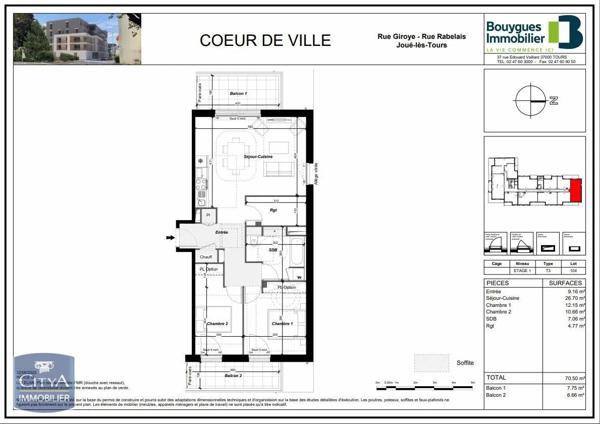 Appartement à louer 3 pièces 70.5m² Joué-lès-Tours (37300)