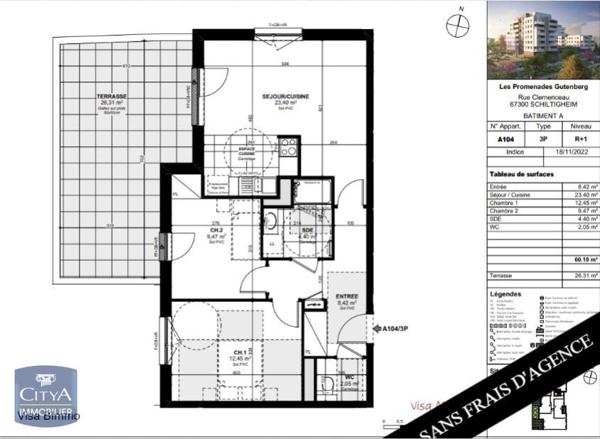 Location appartement Schiltigheim (67300) 3 pièces 60.19m²