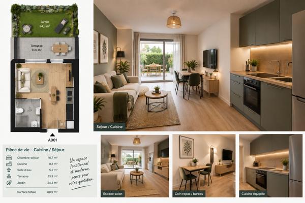 Magnifique Studio neuf de 30m2 avec terrasse (13m2), jardin (24m2) et parking extérieur