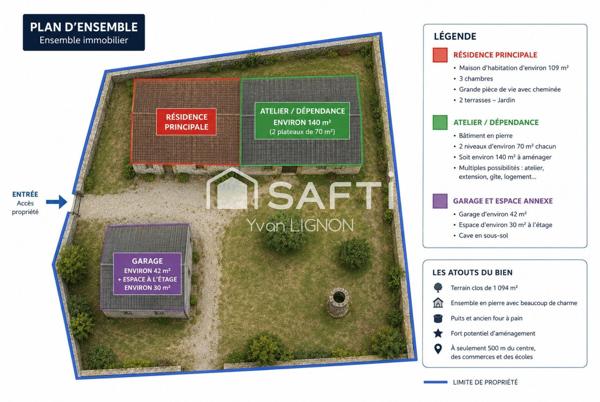 109 m² habitables + environ 140 m² à aménager + garage 42 m² + espace aménagé d'environ 30 m² au-dessus