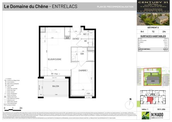 Appartement T2 à vendre  2 pièces - 42,67 m 2   ENTRELACS  - 73
