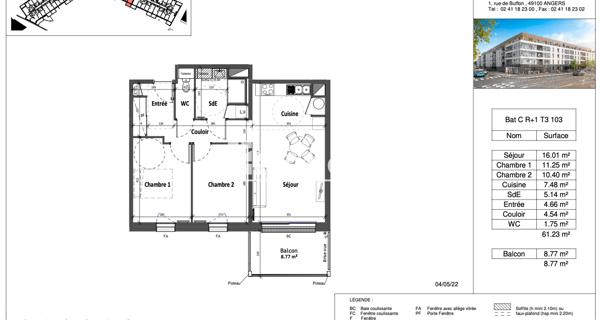 Location Appartement 3 pièces 61.23 m² - Angers 49000