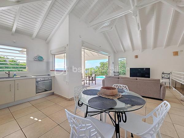 Delphine MIRANDA pour le réseau BSK IMMOBILIER
Saint François - Route touristique 
Vous rêvez d'une maison avec vue mer dans un secteur privilégié au calme? Alors j'ai le bien qu'il vous faut!
La maison se situe route touristique à 5 minutes du centre ville et des commodités de Saint François dans un lotissement résidentiel recherché pour son calme et son accès direct à la plage.
La maison de construction béton est édifié sur un niveau sur une parcelle de 691 m2.
Surface habitable : 75 m2 , surface utile : 115 m2 avec les terrasses couvertes.
Entrée par portail sécurisé vous trouverez une aire de parking pouvant recevoir 3 véhicules.
Sur le premier niveau se trouve l'espace de vie avec son grand salon cuisine ouverte de 34 m2 , une salle d'eau toilettes, et une grande terrasse couverte vous permettant de bénéficier de la splendide vue mer , ainsi que de la piscine (au sel) et de sa plage.
Au niveau inférieur vous trouverez la partie nuit avec ses deux chambres de 12,80 m2 orientée côté jardin avec accès direct sur terrasse couverte, une salle d'eau commune avec douche à l'italienne , et un toilette indépendant.
Le jardin est verdoyant , spacieux et entièrement clos , un petit chemin longe la parcelle pour accéder directement à la plage de Anse des Rochers.
Citerne tampon , chauffe-eau solaire pour votre confort , local technique piscine en dur, aucun travaux à prévoir.
Vendu meublé , clé en main !

Le bien est situé dans un lotissement géré en ASL avec une quote-part de charges courantes annuelles de 373,82€ par an.
N'hésitez pas à me contacter pour de plus amples informations sur cette villa , accéder au reportage photos complet et aux vidéos!
