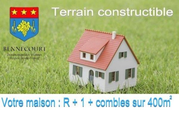 Terrain en zone constructible 400 m2 / R+1 à Bennecourt, village avec école, boulangerie, Bar tabac, coiffeur …