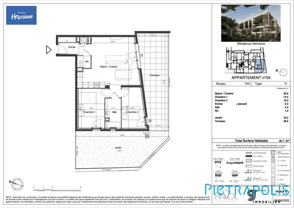 SÈTE - RÉSIDENCE HERMIONE : Appartement T3 66,7m², terrasse 28,9m², jardin 34,2m², parking