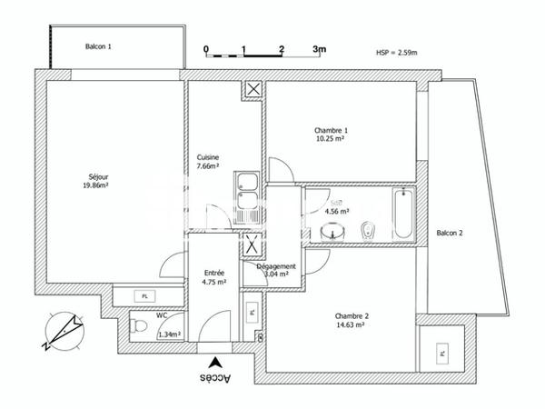 Location Appartement 3 pièces 66.09 m² - RUE DOMION Bordeaux 33200
