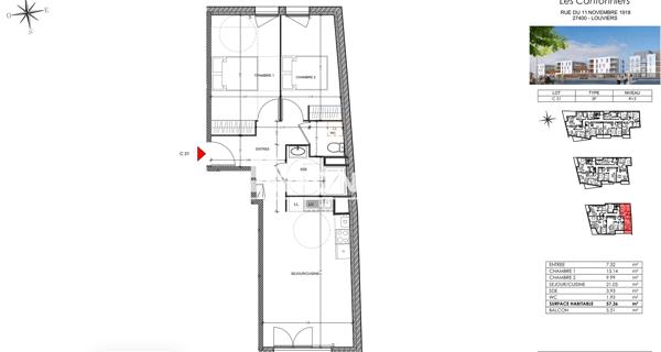 Location Appartement 3 pièces 57.36 m² - Louviers 27400