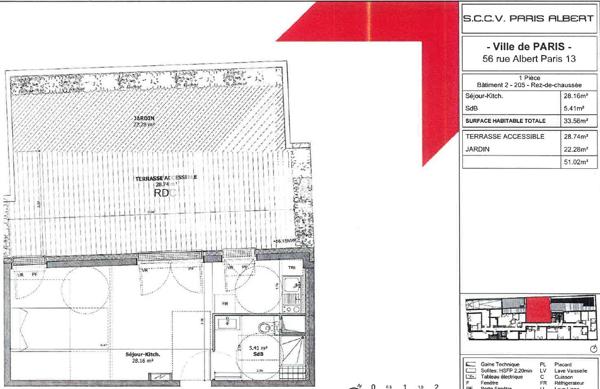 Location Studio 33.4 m² - Paris 75013