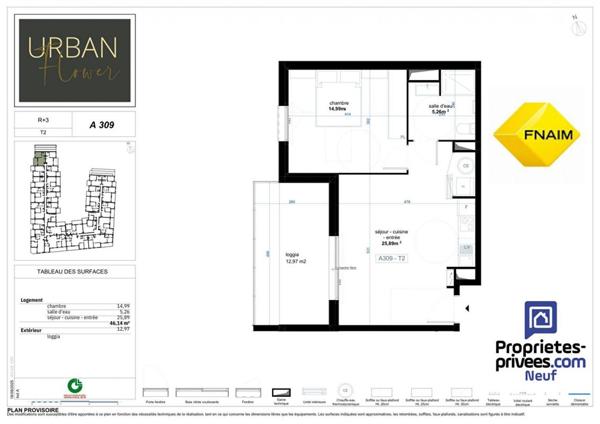 Appartement  2 pièce(s) de 46,14 m2 + sa loggia de 13 m2