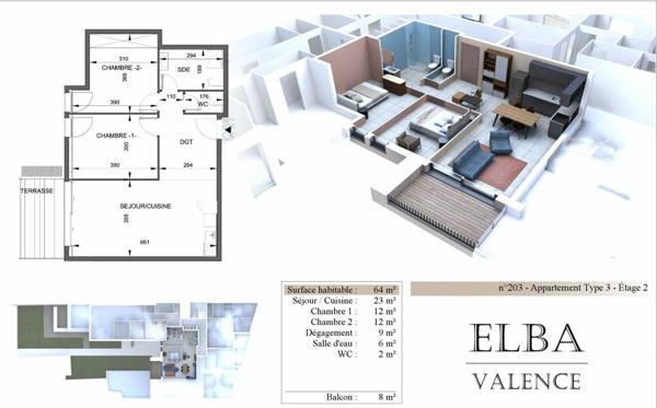 Appartement à vendre    3 pièces • 64 m2 Valence