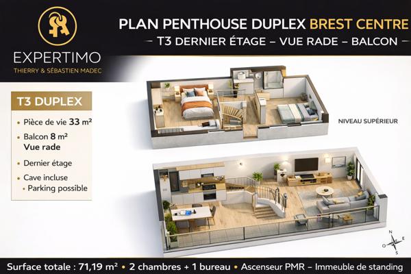 Brest (29200) Appartement T3 dernier étage type Penthouse - Brest centre – vue rade – balcon