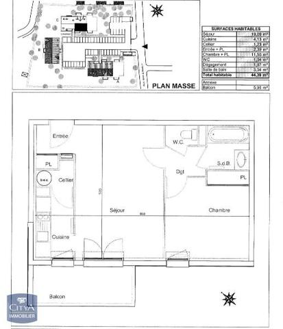 Appartement à louer 2 pièces 44.39m²