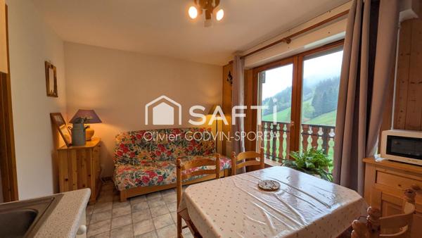 Studio cabine de 22 m2 avec balcon exposé sud et casier à ski offrant une vue dégagée sur les alpages et montagnes environnantes.