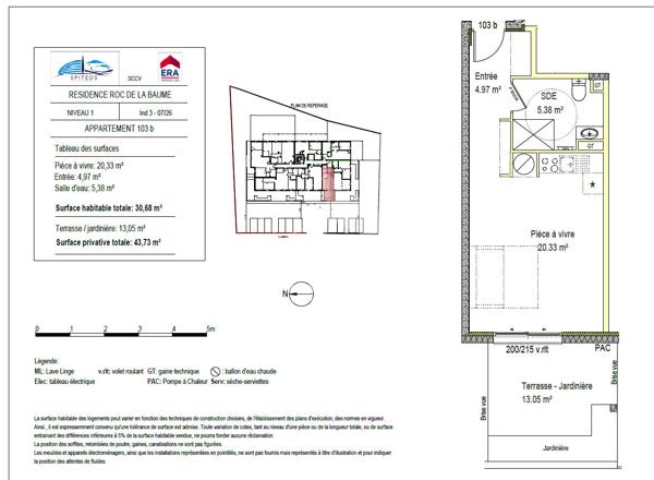 T1 Neuf ,Studio, Sisteron 04200 1 pièce(s) 30.68 m2 +  terrasse de 13m²  , Lot 103 b