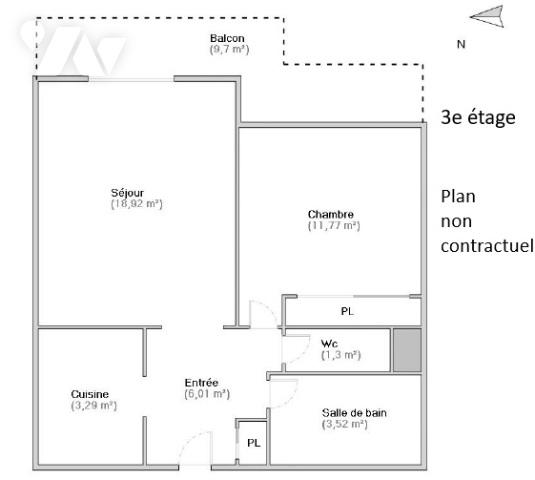 Appartement 3e étage 45m², balcon vue montagnes, cave et parking
