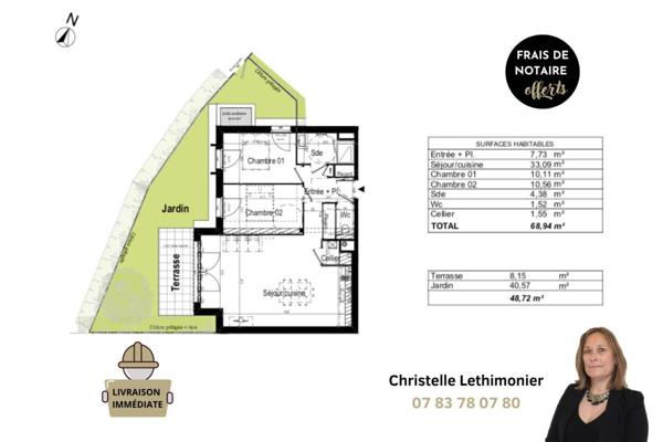 Appartement Dinard 3 pièces - 68,94 m2 - Jardin de 40,57 m2 + Garage